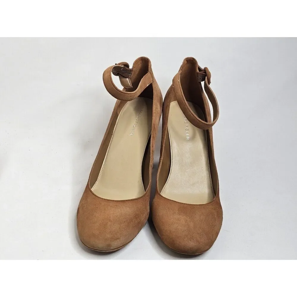 Marc Fisher Tan Maryjane Platform Suede‎ Block Heels Ankle Strap Womens Size 9.5